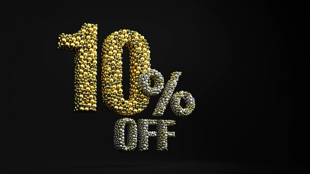 Golden sale 10 percent on black background. 10% discount animation.