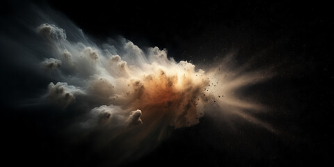 telescope image of a cloud of particles colliding in space, black background and muted color scheme - obrazy, fototapety, plakaty