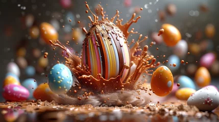 Fotobehang œuf de paque en chocolat avec motifs qui éclabousse du chocolat liquide  © jp