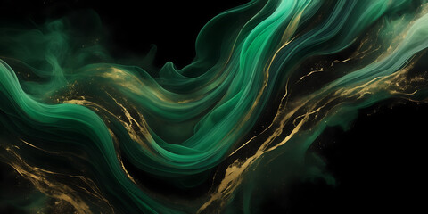 Abstract composition featuring intertwining streams of emerald and gold smoke set against a velvety black expanse.