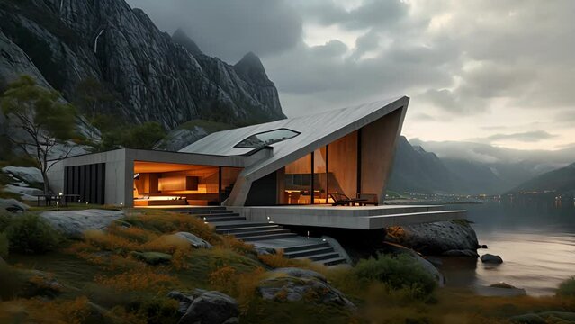 Inspired by the jagged peaks and glistening waters of the fjord this private home features a striking facade that frames the landscape and creates a sense of oneness with