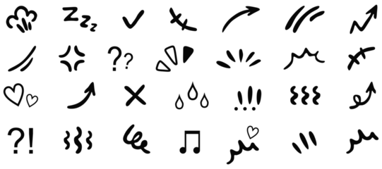 Tuinposter Line movement effect element, cartoon emotion effect decoration icon. Hand drawn cute doodle line element arrow, emphasis, shock, sparkle. Anime movement, express shape. Vector illustration. © Mubashir