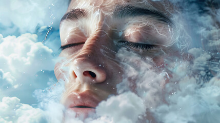 Floating in Dreams: Close-up of a Hispanic Woman with Eyes Closed, Imagining Herself Floating Among the Clouds. Concept of Imagination and Freedom