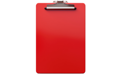 A red clipboard with a metal clip attached, laying on a flat surface. The clipboard appears to be in good condition, with no visible damage. on a White or Clear Surface PNG Transparent Background.
