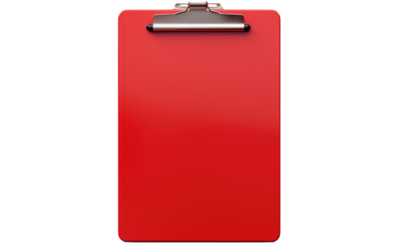 A red clipboard with a metal clip attached, laying on a flat surface. The clipboard appears to be in good condition, with no visible damage. on a White or Clear Surface PNG Transparent Background.