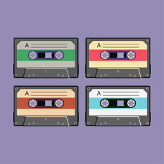 Colorful retro audio cassette tape, vector vintage illustration set