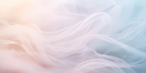 Close-up photograph of delicate wisps of smoke gently unfurling against a background of soft, pastel hues. - obrazy, fototapety, plakaty