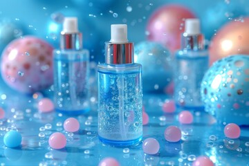 Facial nighttime beauty routine skin care cream. Skincare treatment products: mask lotion, skincare candid gel, oil, pipette with towel serum and moisturiser jar pot