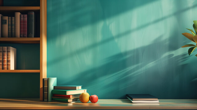 Back to School Background with Books and Apples Over Blackboard. Horizontal composition with copy space.