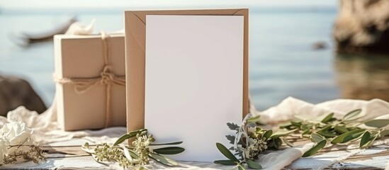 Sunny summer wedding scene, vertical card on olive branch decorated table with blank envelope.