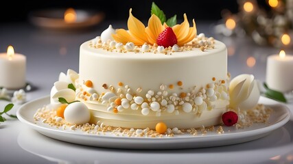 Create a stunning 8K ultra-realistic food photograph featuring a beautiful vanilla cream cake...