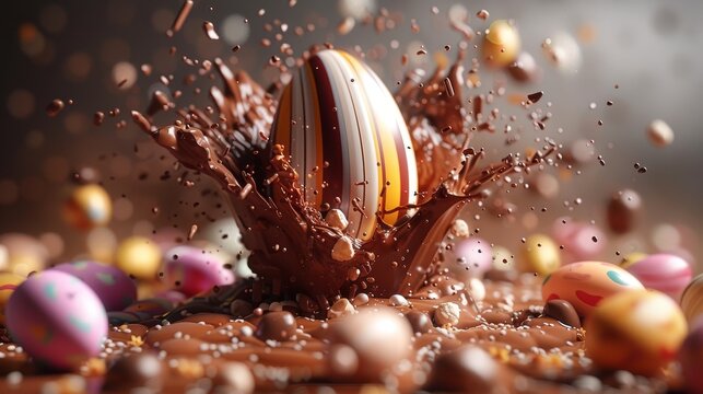 œuf de paque en chocolat avec motifs qui éclabousse du chocolat liquide 