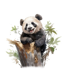 Watercolor vector of a panda bear sitting on a tree stump, Drawing Illustration & clipart, isolated on a white background.