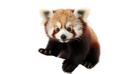 A red panda bear is seen standing upright on its hind legs. The bears fur is a vibrant red color, with distinctive white markings. on a White or Clear Surface PNG Transparent Background.