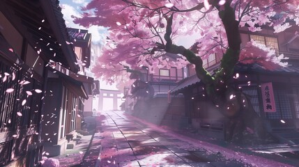 A view a Japanese village with cherry blossoms. Generative AI