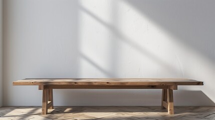Wooden bench against white wall. Ethnic farmhouse interior design of modern entrance hall. Generative AI