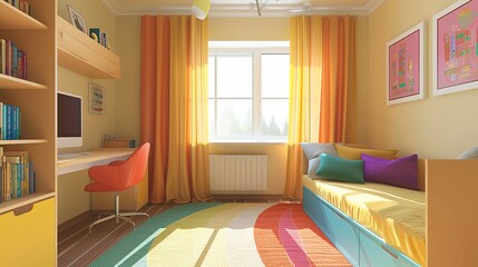 Children&rsquo;s bedroom orange interior. . Generative AI