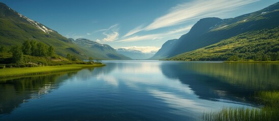 Tranquil lake with majestic mountain in the background, serene nature landscape view