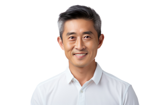 Man is dressed in formal attire, wearing a crisp white shirt and a sleek tie. He exudes professionalism and sophistication standing confidently. on a White or Clear Surface PNG Transparent Background.