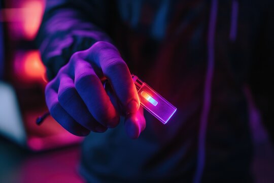 Close-up of a hand with finger gloves holding a lighter.