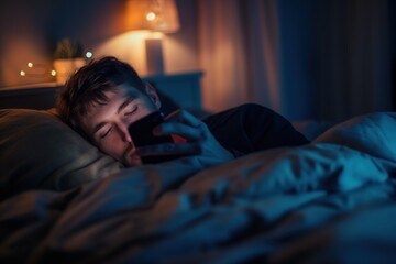 Obraz premium An anonymous man lies in bed at night, engrossed in his smartphone.