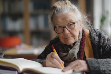 An elderly woman is actively writing in a book.