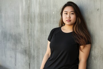 Asian woman in black T-shirt and yoga pants leaning against wall, hands on hips.