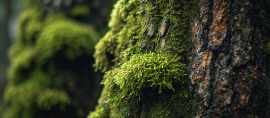 Close-up of lush green moss on a textured tree trunk in a peaceful forest setting