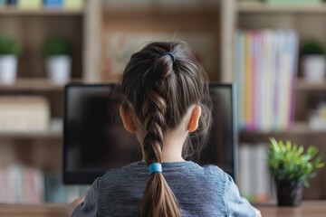 A little girl sits in front of a computer, engaged in virtual learning as a student.