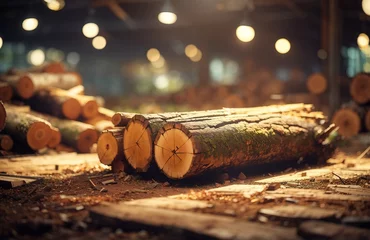 Fototapeten Felled log trees at the factory © WrongWay