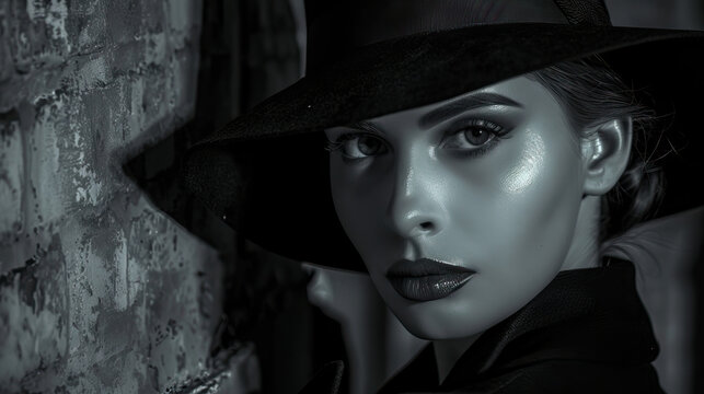 Woman in a Noir Hotel Room, Luring a Man with a Mysterious Smile, Her Eyes Reflecting the Glint of Hidden Motives