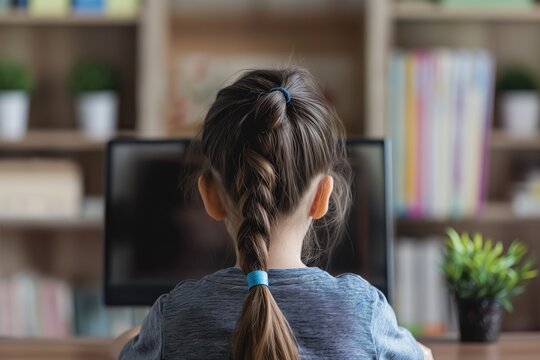 A little girl sits in front of a computer, engaged in virtual learning as a student.