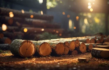 Keuken spatwand met foto Felled log trees at the factory © WrongWay