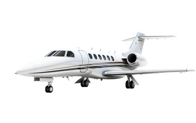 Small White Jet Flying Through a White Sky. A small white jet aircraft is seen flying through a white sky, soaring gracefully above the clouds. on a White or Clear Surface PNG Transparent Background.