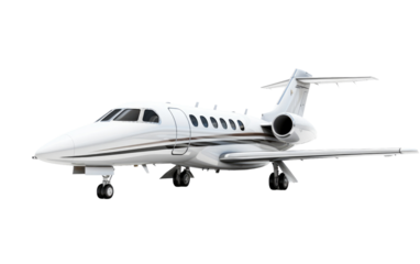 Small White Jet Flying Through a White Sky. A small white jet aircraft is seen flying through a white sky, soaring gracefully above the clouds. on a White or Clear Surface PNG Transparent Background.