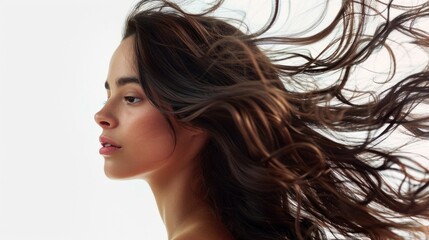 A beautiful young female model with beautiful brunette hair shaking her beautiful ad for shampoo conditioner hair products isolated on white