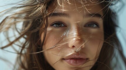 A beautiful young female model with beautiful brunette hair shaking her beautiful ad for shampoo conditioner hair products isolated on white