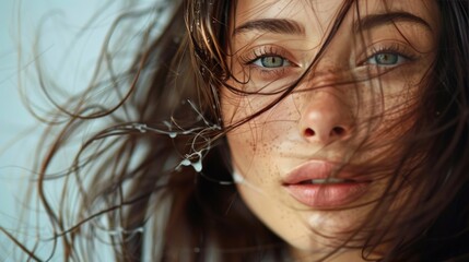 A beautiful young female model with beautiful brunette hair shaking her beautiful ad for shampoo conditioner hair products isolated on white