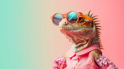 Lizard iguana in clothes and glasses on colored background