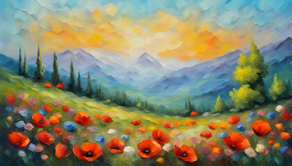 Vivid Spring Mountain Landscape: Colorful Poppy Flowers in Impasto Oil Painting