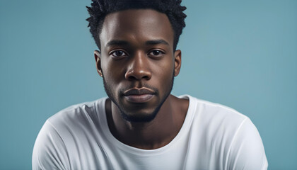 Sharp Portrait: Black Man Stylishly Captured in White Clear T-shirt Against Blue Studio Background