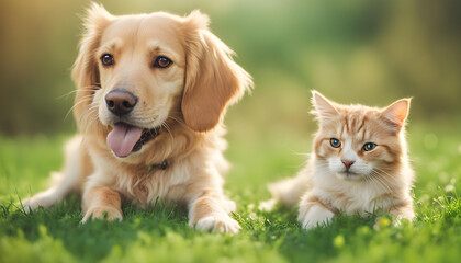Adorable Dog and Cat Enjoying Spring Together on Green Grass Field - Nature Background