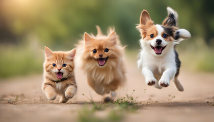 Playful Dog and Cat Group Frolicking Happily in a Field - Blurred Background