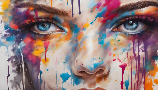 Women's eyes with splashes of bright paint on the canvas, interior painting, beautiful background