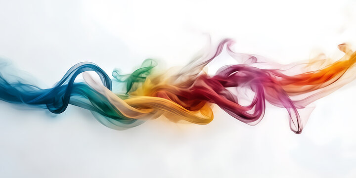 Photograph of vibrant, swirling ribbons of multicolored smoke against a stark white backdrop.