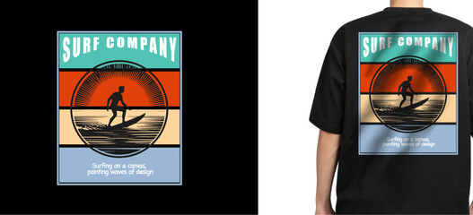 vintage surf t-shirt design. T shirt print design with big rounded frame., apparel and clothing.