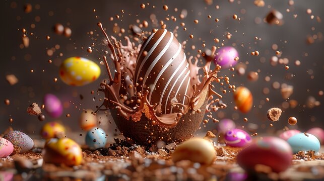 &oelig;uf de paque en chocolat avec motifs qui &eacute;clabousse du chocolat liquide 