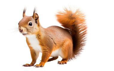 Red Squirrel Standing on Hind Legs. It appears alert and focused, possibly on the lookout for food or predators in its natural habitat. on a White or Clear Surface PNG Transparent Background.