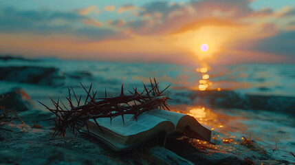 The crown of thorns rests on the Bible, the crown of Jesus Christ rests on the book - obrazy, fototapety, plakaty