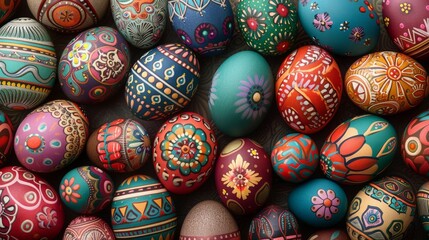 Fototapeta na wymiar Décor de Pâques avec des œufs multi couleurs avec des motifs